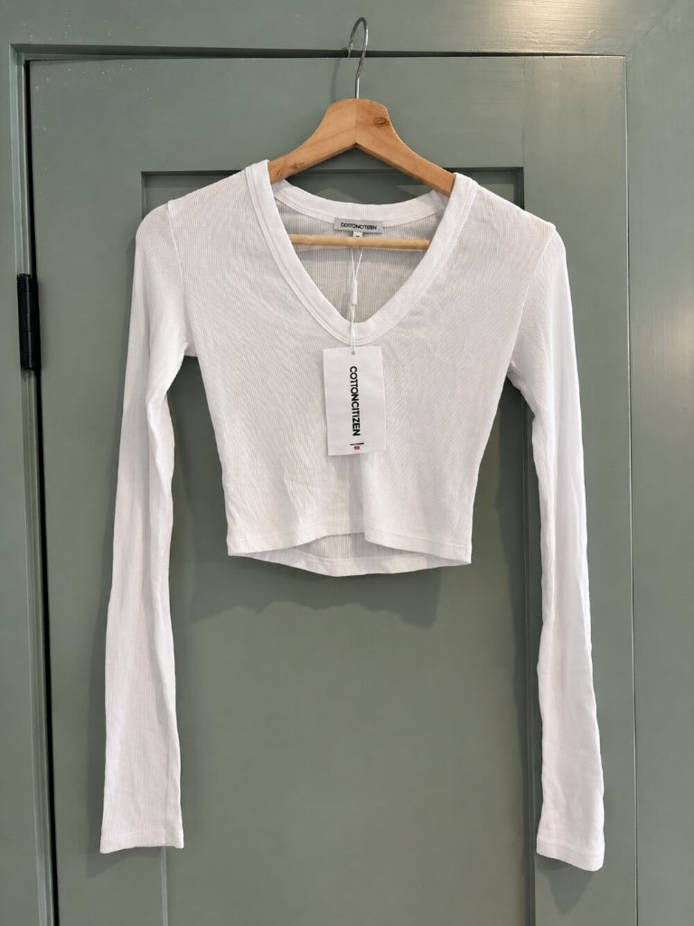 Cotton Citizen Malibu Ribbed V-Neck Cropped Long Sleeve Top White XS